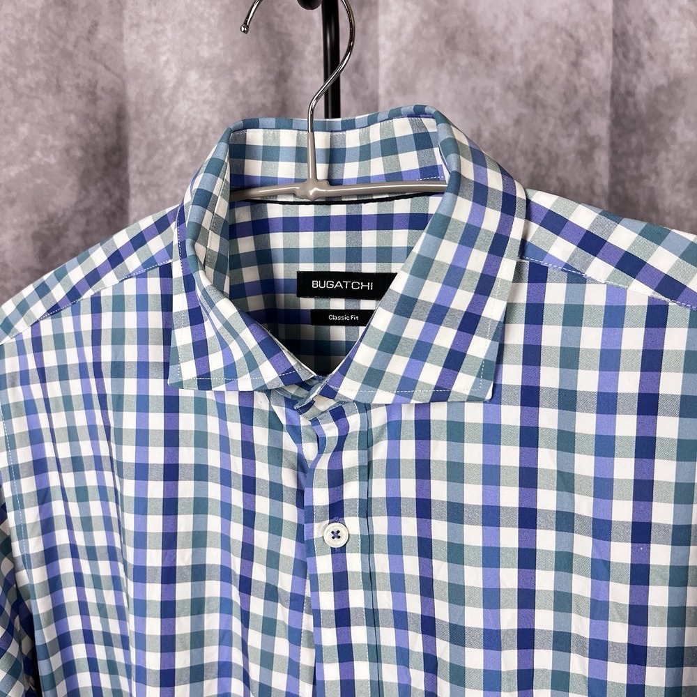 Bugatchi Classic Fit Mens Shirt Blue/Green Check Long Sleeve Approximately Large